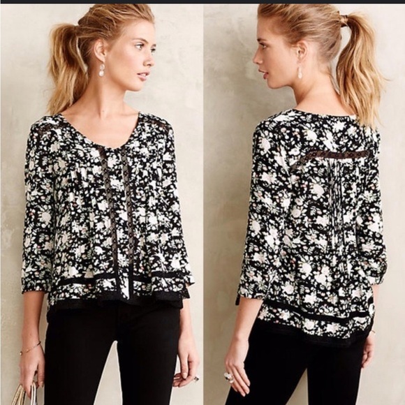 Maeve Anthropologie Black Floral Pleated Peasant Blouse Sz 0 - Picture 1 of 11